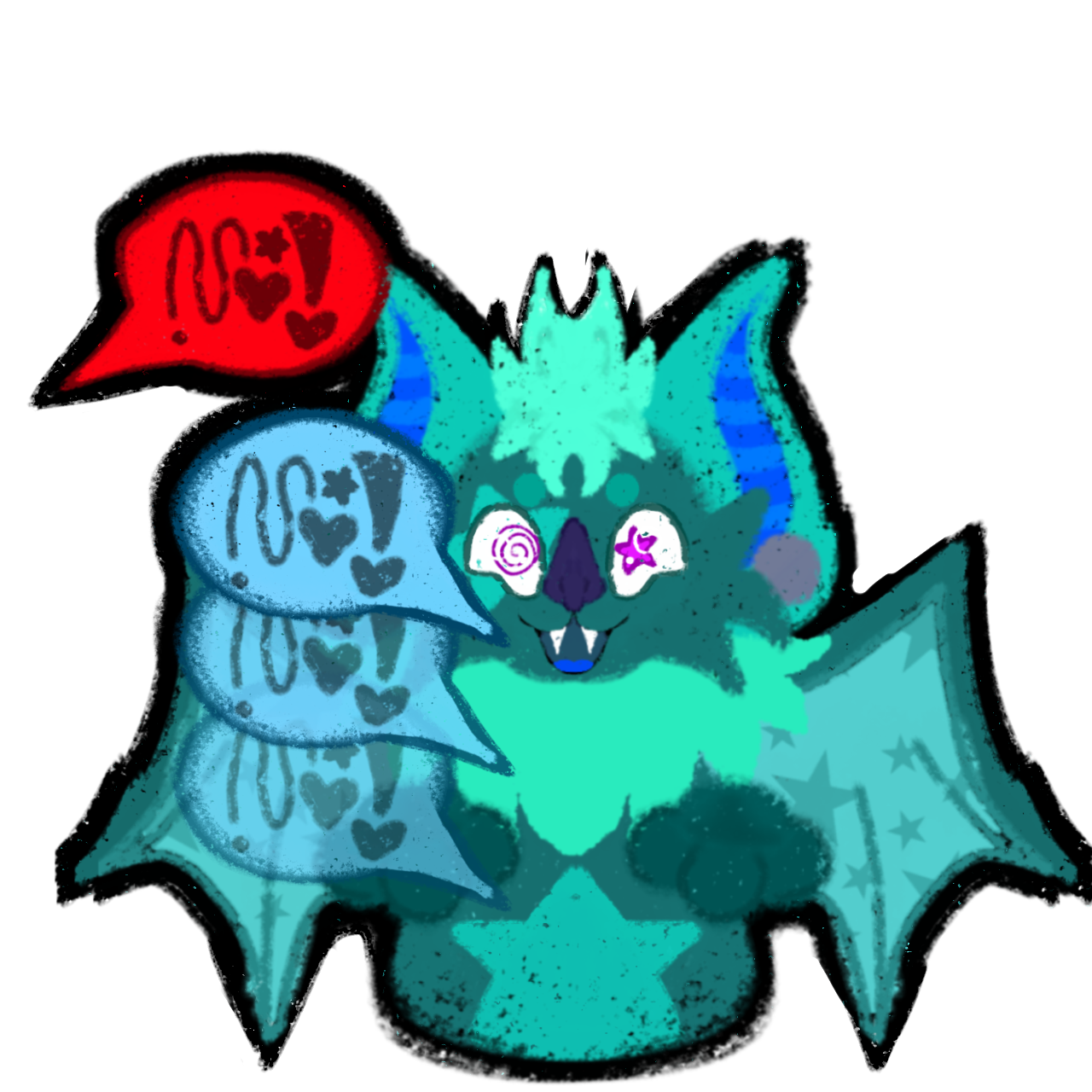  A blue bat with big eyes and a wide grin, the is a red speech bubble being spoken, and the bat is repeating their phrase over with blue speech bubbles.